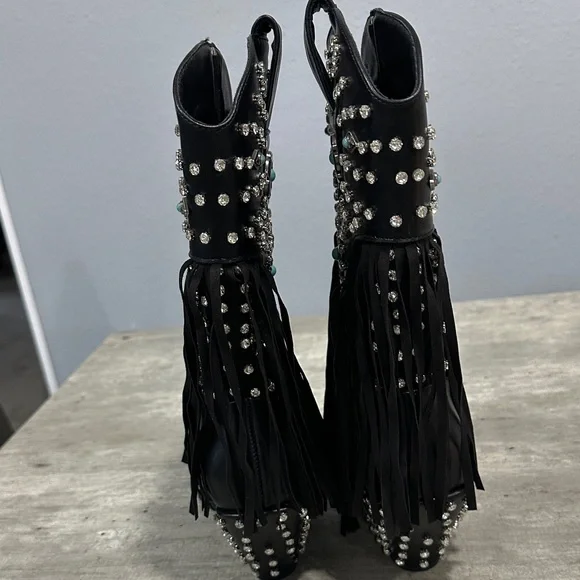 Studded Fringe Black Heeled Boots - Picture 3 of 4
